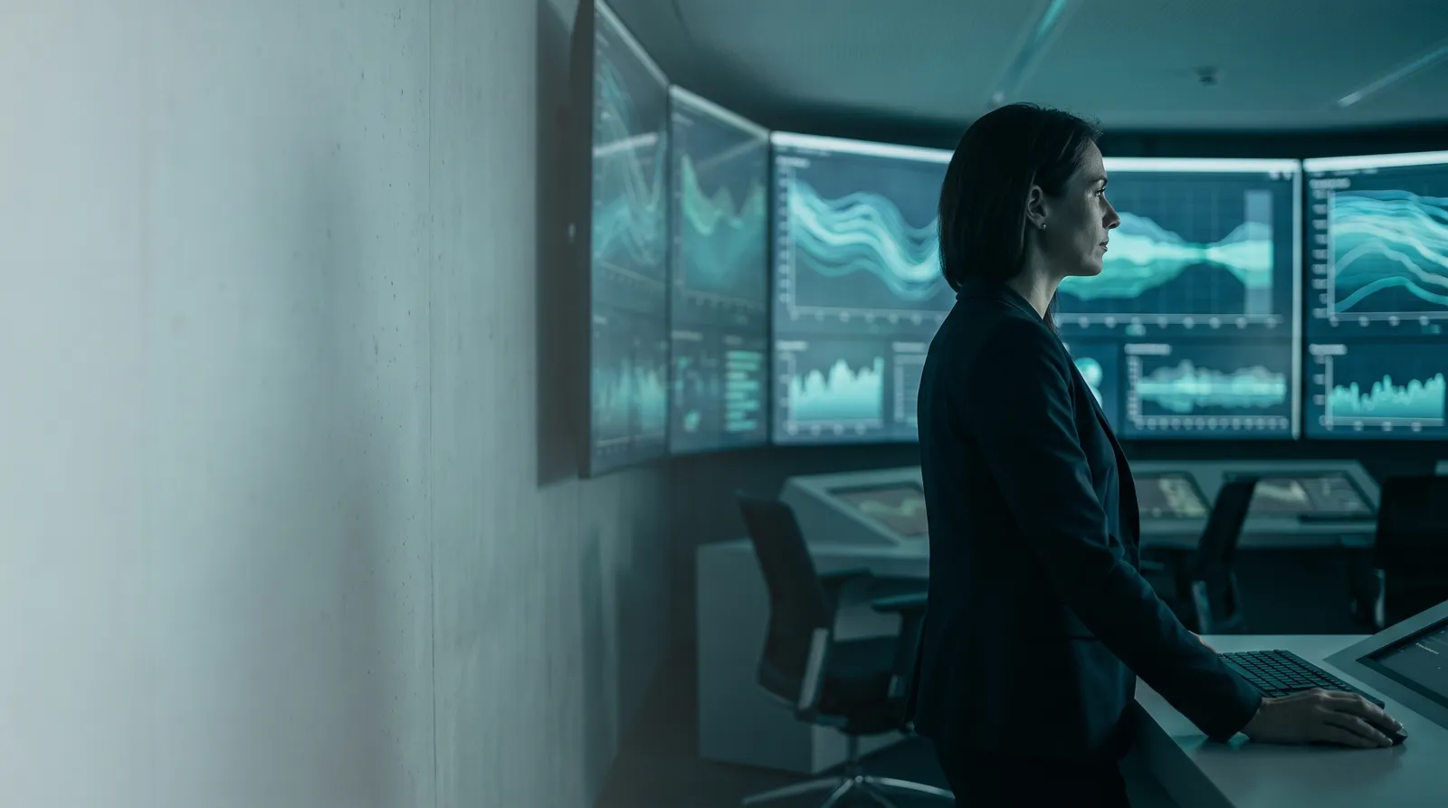 An operator reviewing governed data on a wall of analytics dashboards