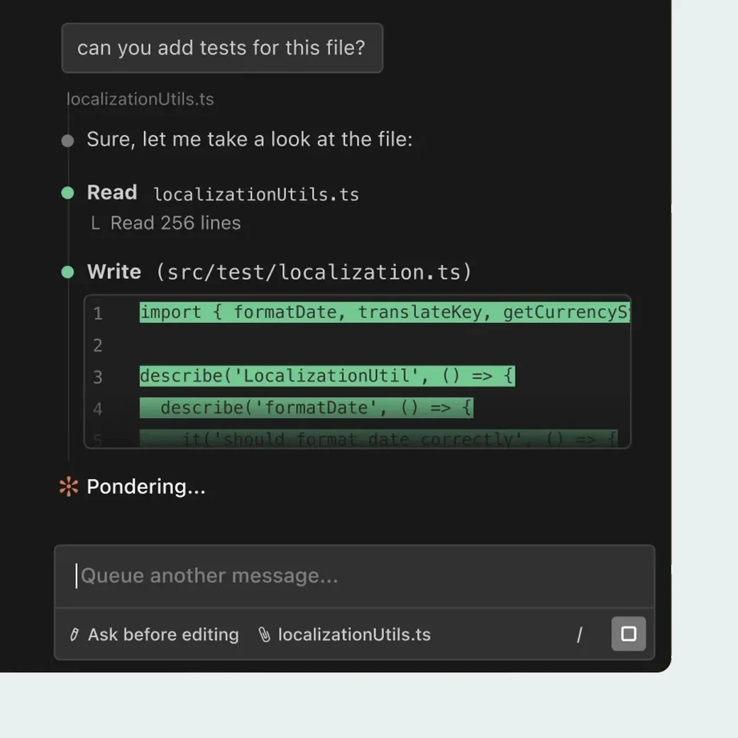 Claude reading a file and writing tests inside the editor, asking before it edits